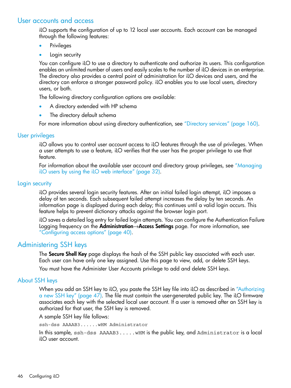 User accounts and access, User privileges, Login security | Administering ssh keys, About ssh keys, User privileges login security | HP Integrated Lights-Out 3 User Manual | Page 46 / 256