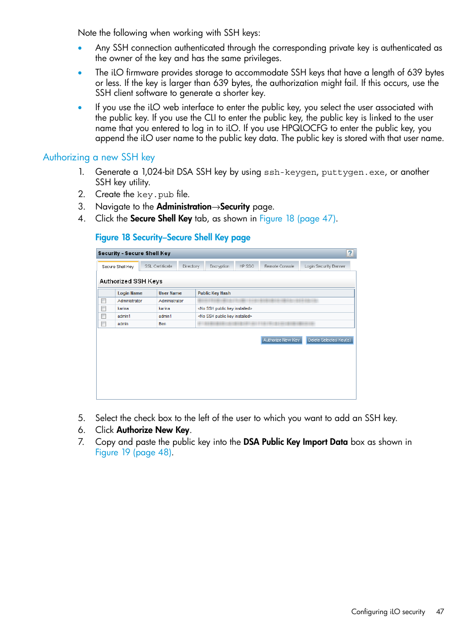 Authorizing a new ssh key, Authorizing | HP Integrated Lights-Out 3 User Manual | Page 47 / 256