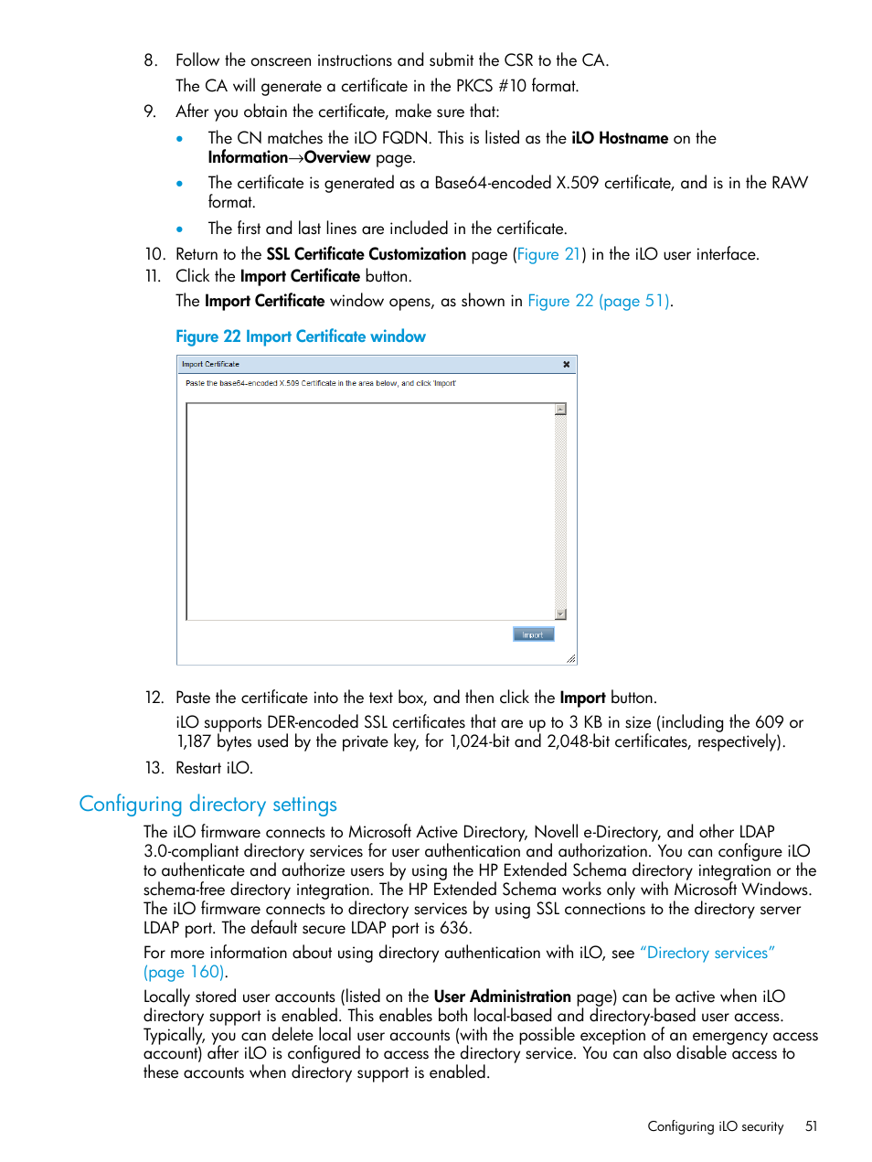 Configuring directory settings | HP Integrated Lights-Out 3 User Manual | Page 51 / 256