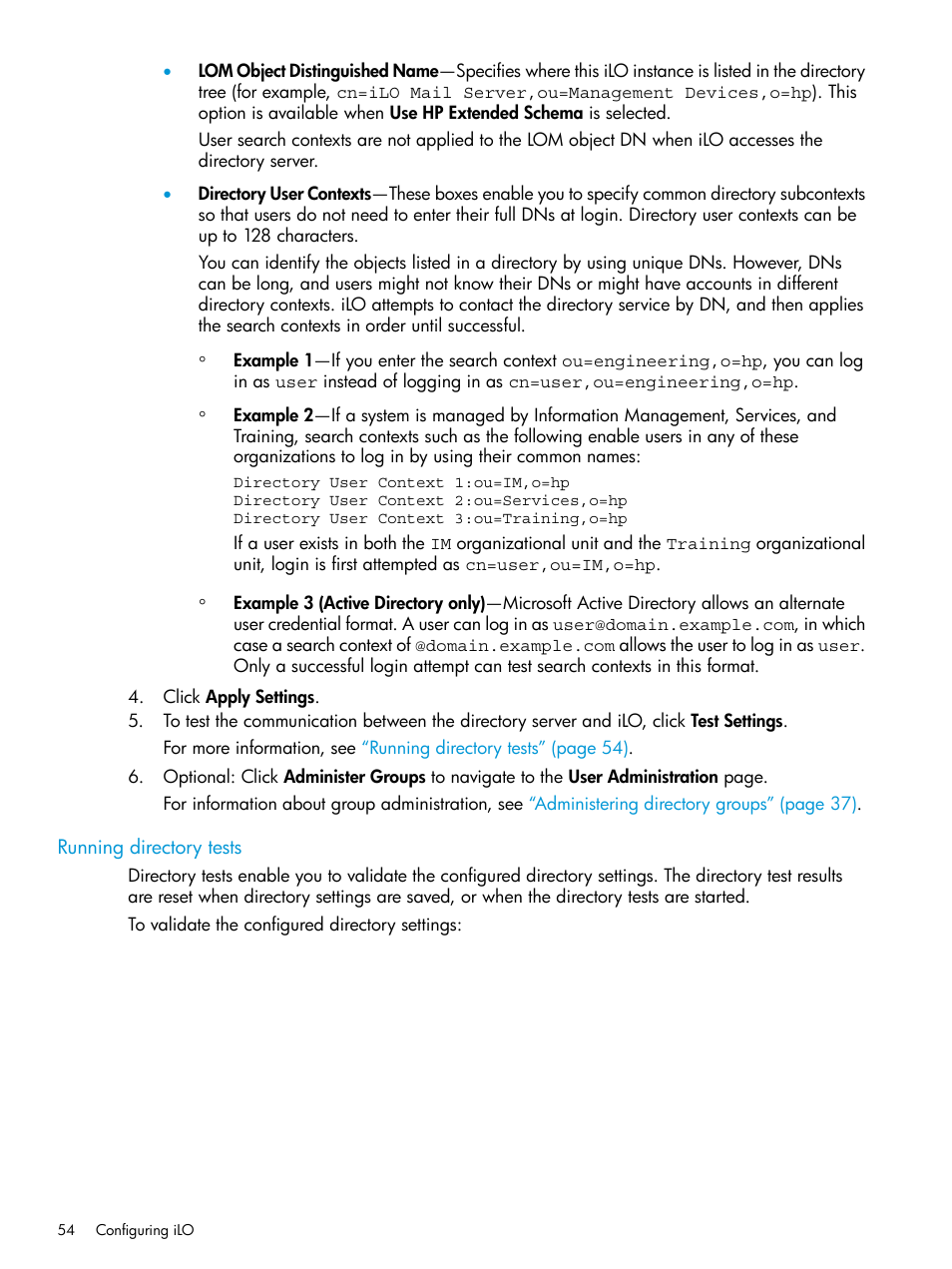 Running directory tests | HP Integrated Lights-Out 3 User Manual | Page 54 / 256