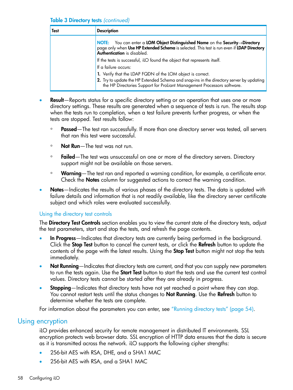 Using the directory test controls, Using encryption | HP Integrated Lights-Out 3 User Manual | Page 58 / 256