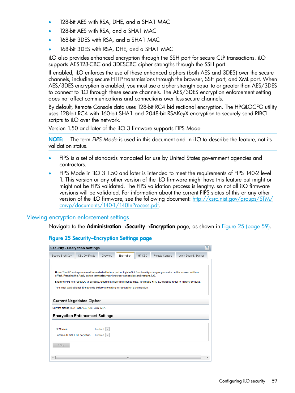 Viewing encryption enforcement settings | HP Integrated Lights-Out 3 User Manual | Page 59 / 256