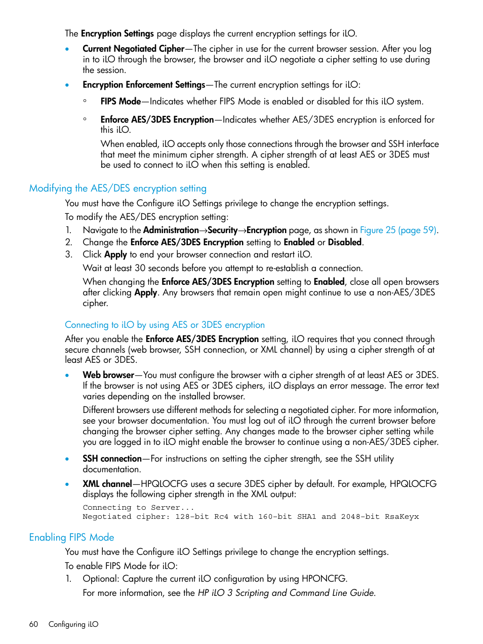 Modifying the aes/des encryption setting, Connecting to ilo by using aes or 3des encryption, Enabling fips mode | HP Integrated Lights-Out 3 User Manual | Page 60 / 256
