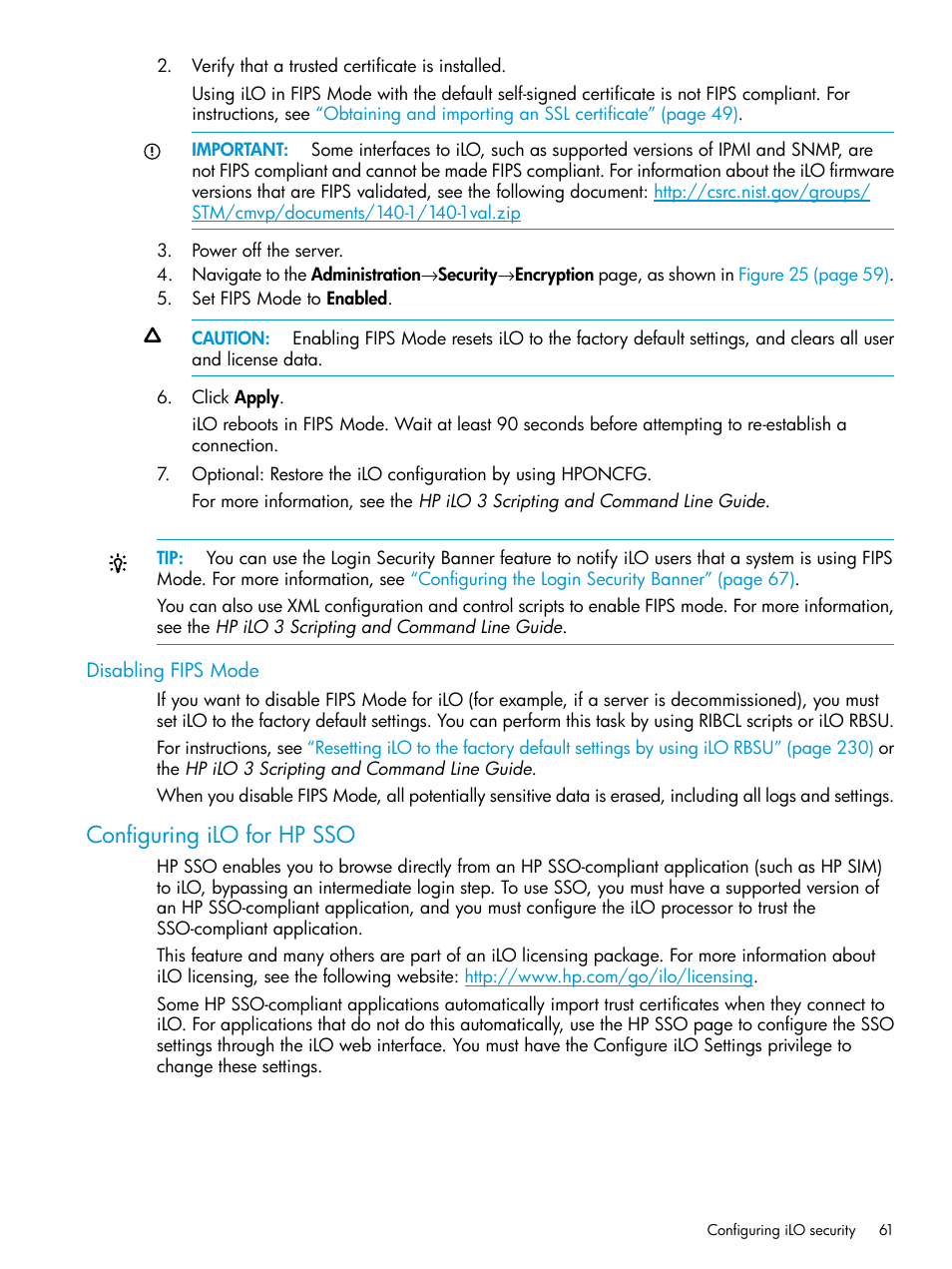 Disabling fips mode, Configuring ilo for hp sso | HP Integrated Lights-Out 3 User Manual | Page 61 / 256