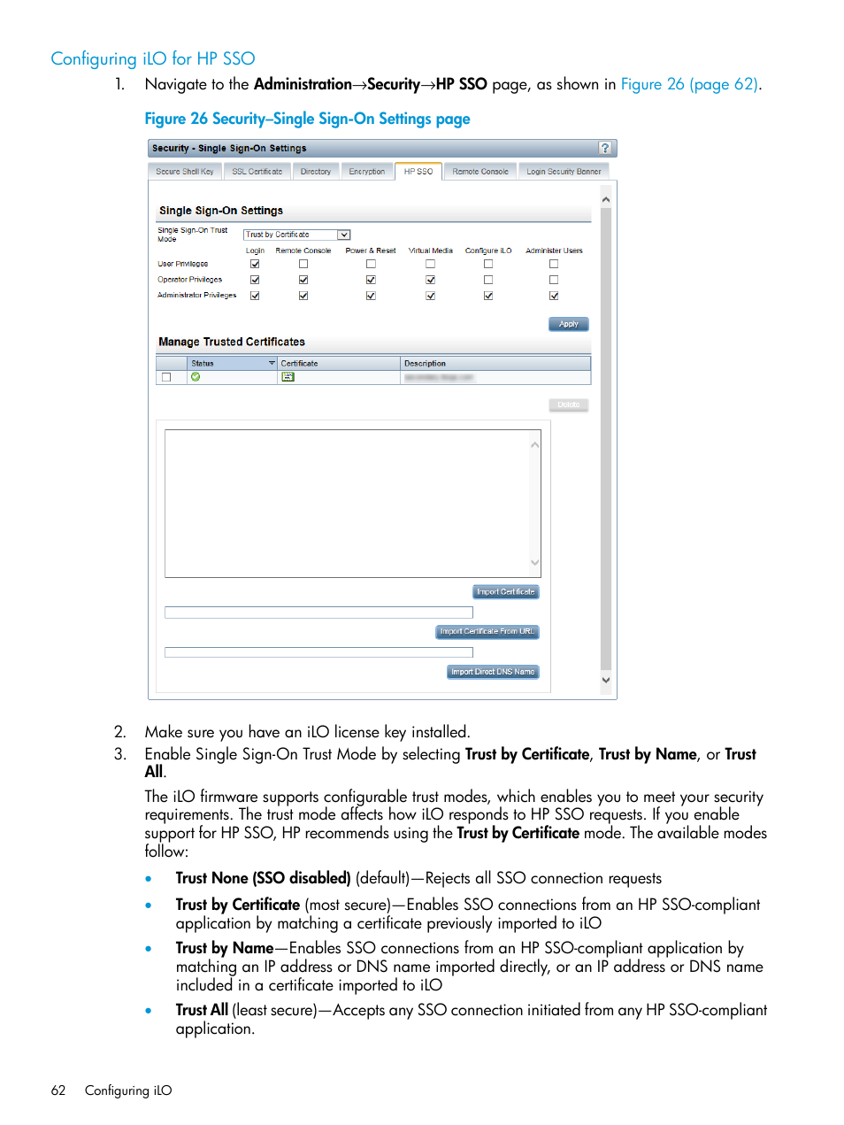 Configuring ilo for hp sso | HP Integrated Lights-Out 3 User Manual | Page 62 / 256