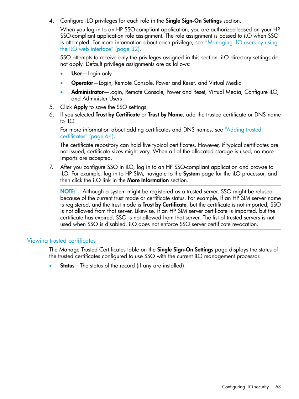 Viewing trusted certificates | HP Integrated Lights-Out 3 User Manual | Page 63 / 256