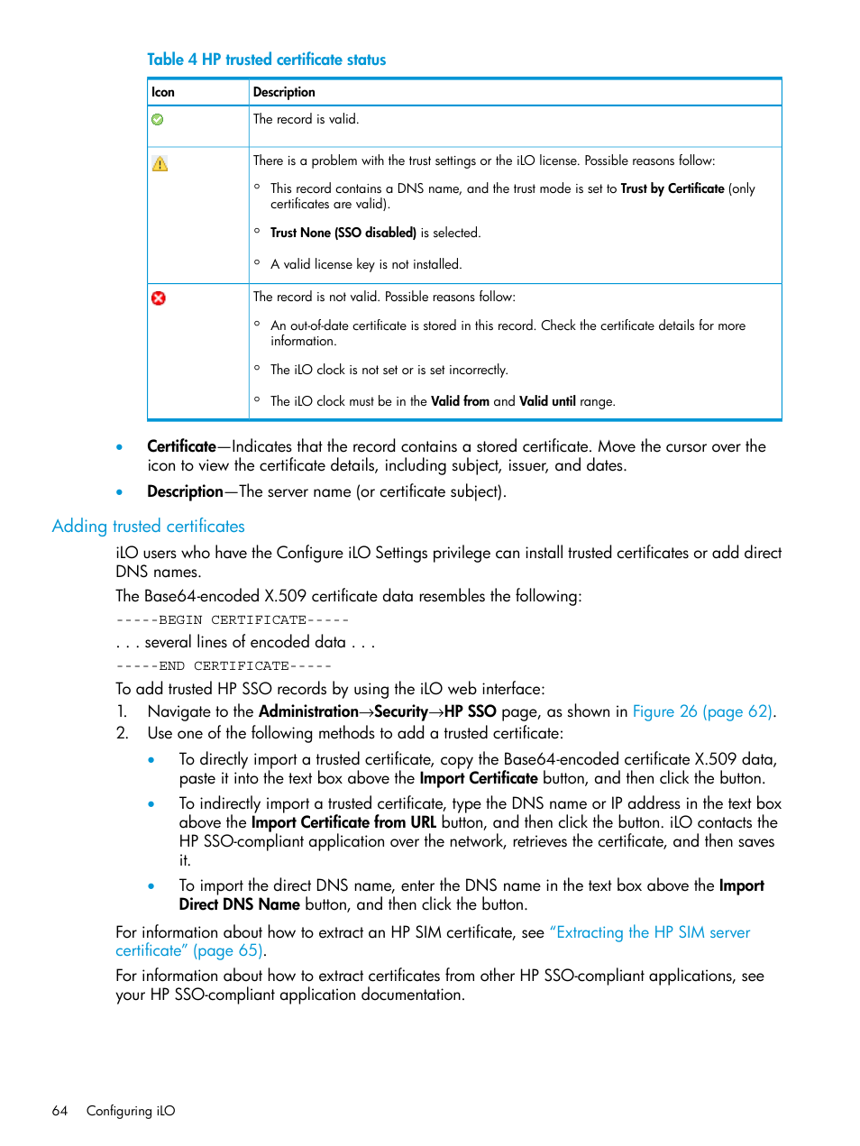 Adding trusted certificates, Adding trusted | HP Integrated Lights-Out 3 User Manual | Page 64 / 256