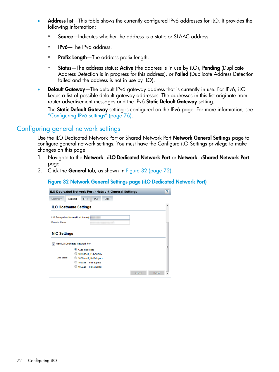 Configuring general network settings | HP Integrated Lights-Out 3 User Manual | Page 72 / 256