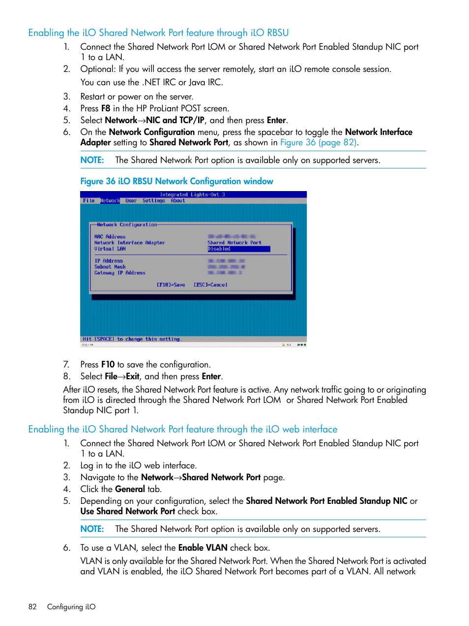 Enabling the ilo shared network port feature | HP Integrated Lights-Out 3 User Manual | Page 82 / 256