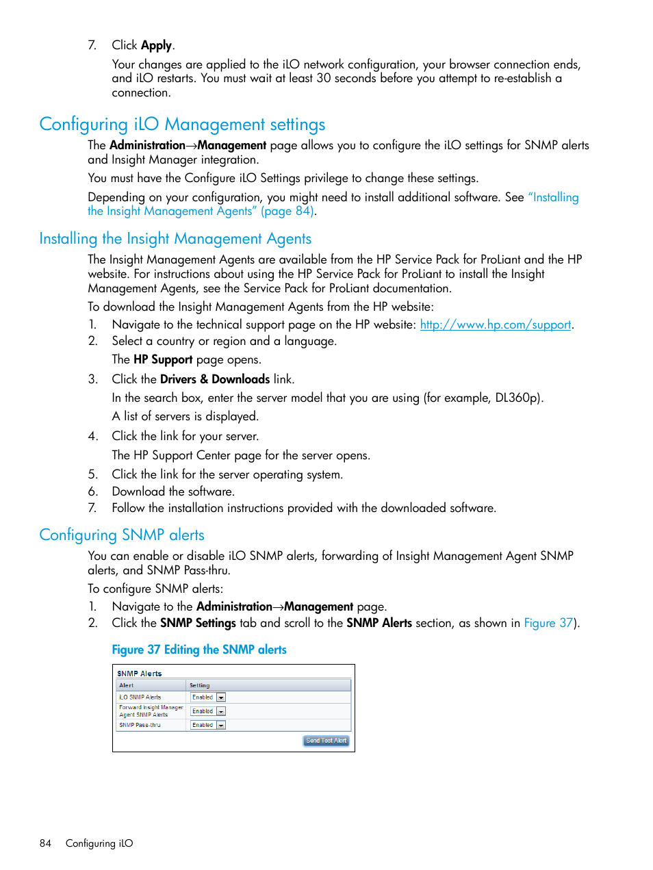 Configuring ilo management settings, Installing the insight management agents, Configuring snmp alerts | HP Integrated Lights-Out 3 User Manual | Page 84 / 256