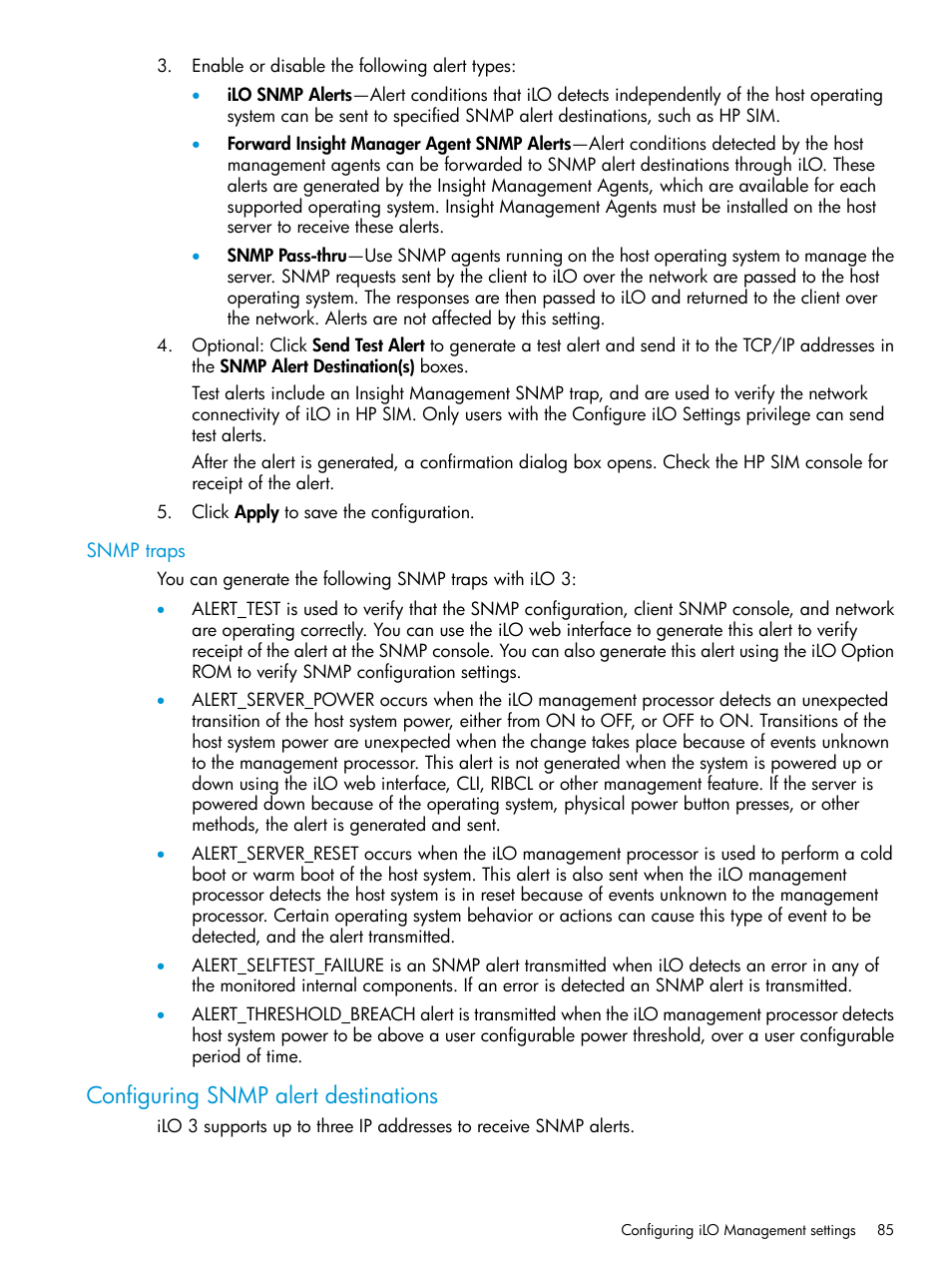 Snmp traps, Configuring snmp alert destinations | HP Integrated Lights-Out 3 User Manual | Page 85 / 256