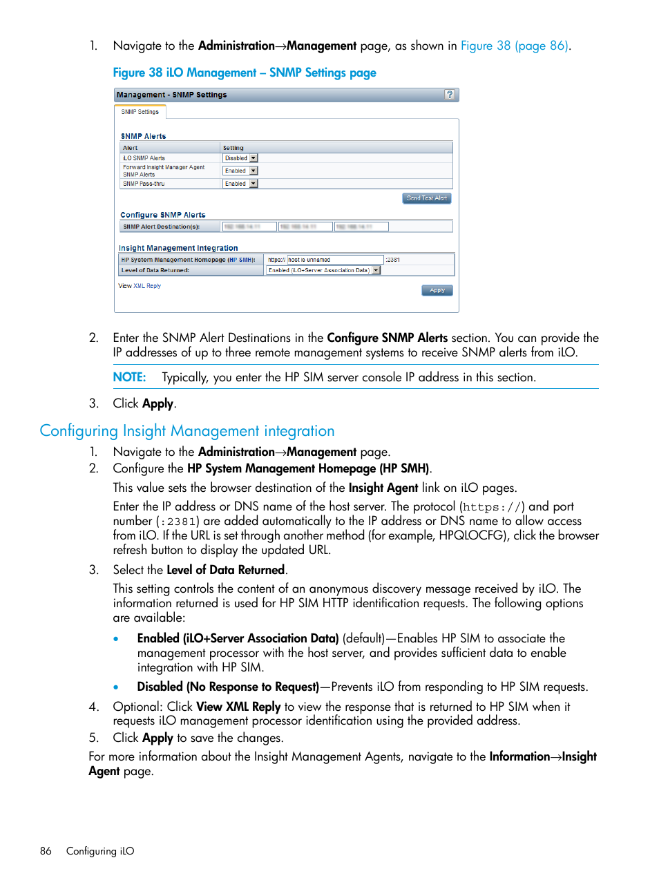 Configuring insight management integration | HP Integrated Lights-Out 3 User Manual | Page 86 / 256