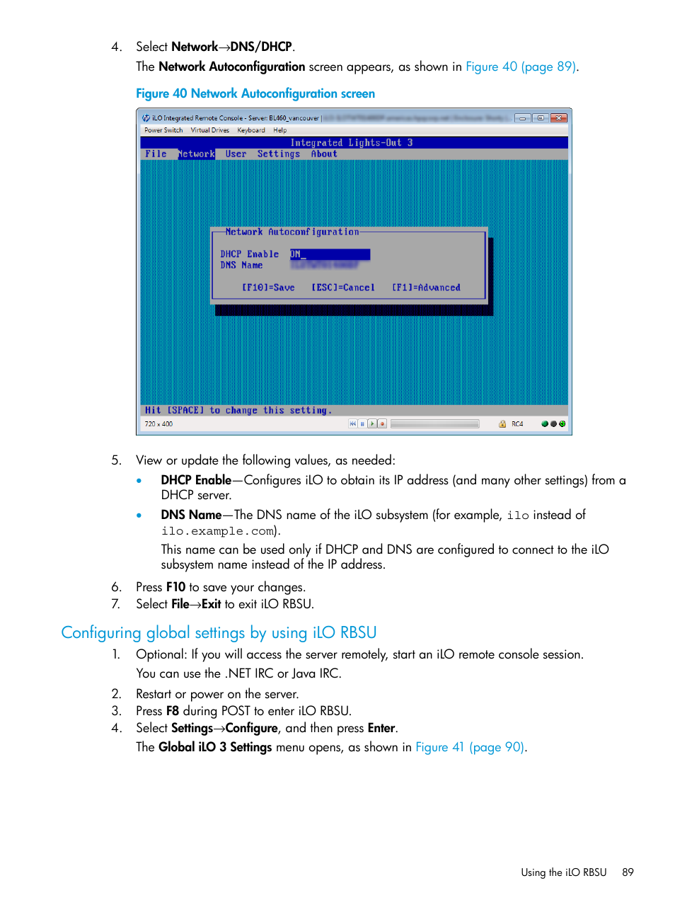 Configuring global settings by using ilo rbsu | HP Integrated Lights-Out 3 User Manual | Page 89 / 256