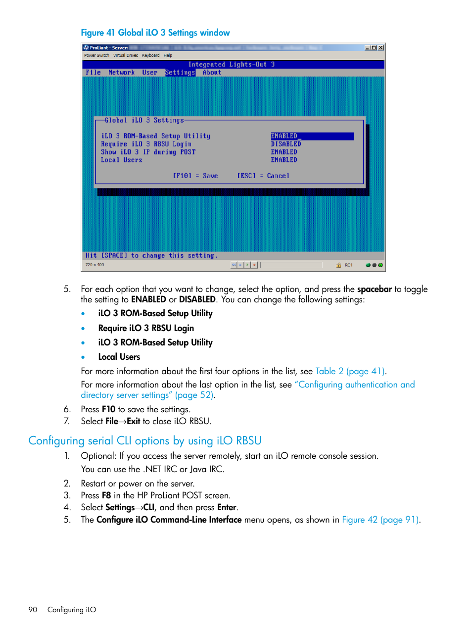 Configuring serial cli options by using ilo rbsu | HP Integrated Lights-Out 3 User Manual | Page 90 / 256