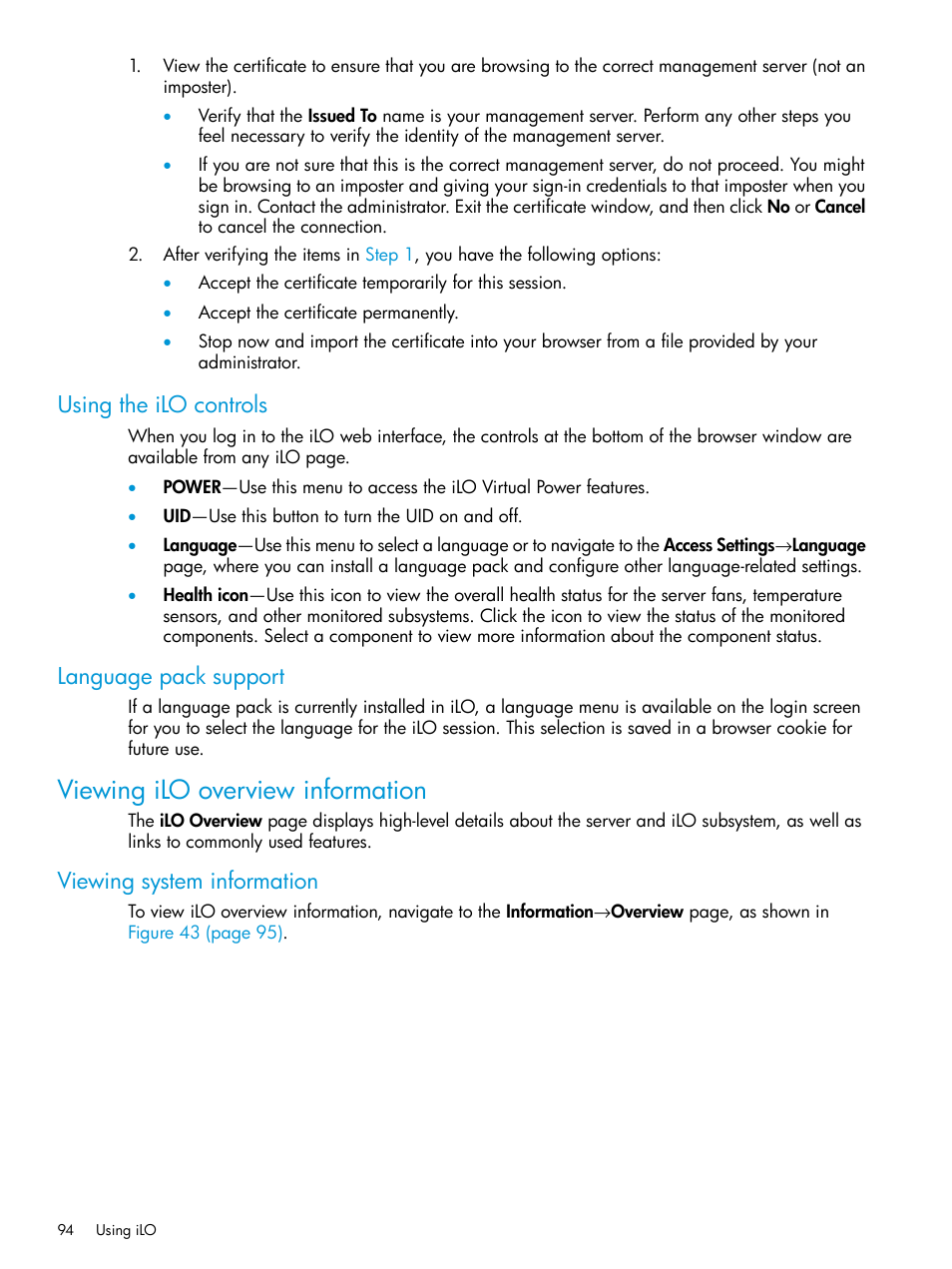 Using the ilo controls, Language pack support, Viewing ilo overview information | Viewing system information, Using the ilo controls language pack support | HP Integrated Lights-Out 3 User Manual | Page 94 / 256