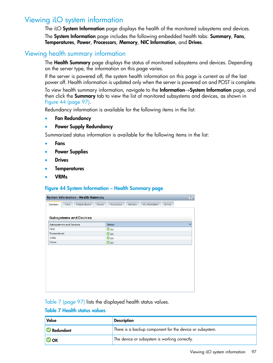 Viewing ilo system information, Viewing health summary information, Viewing health summary | HP Integrated Lights-Out 3 User Manual | Page 97 / 256