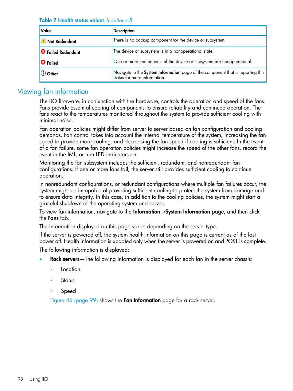 Viewing fan information | HP Integrated Lights-Out 3 User Manual | Page 98 / 256