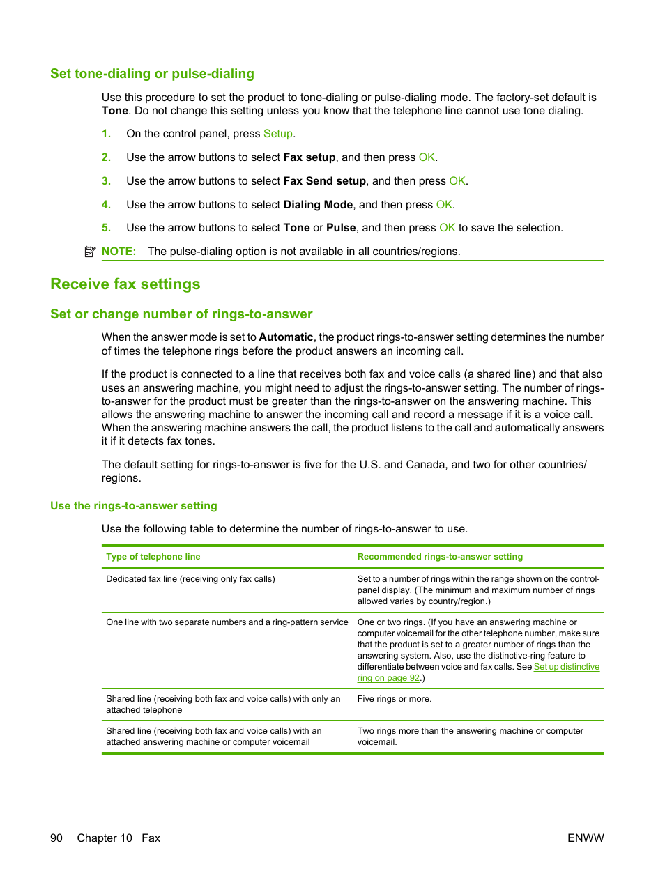 Set tone-dialing or pulse-dialing, Receive fax settings, Set or change number of rings-to-answer | Use the rings-to-answer setting | HP LaserJet M1319f Multifunction Printer User Manual | Page 100 / 212