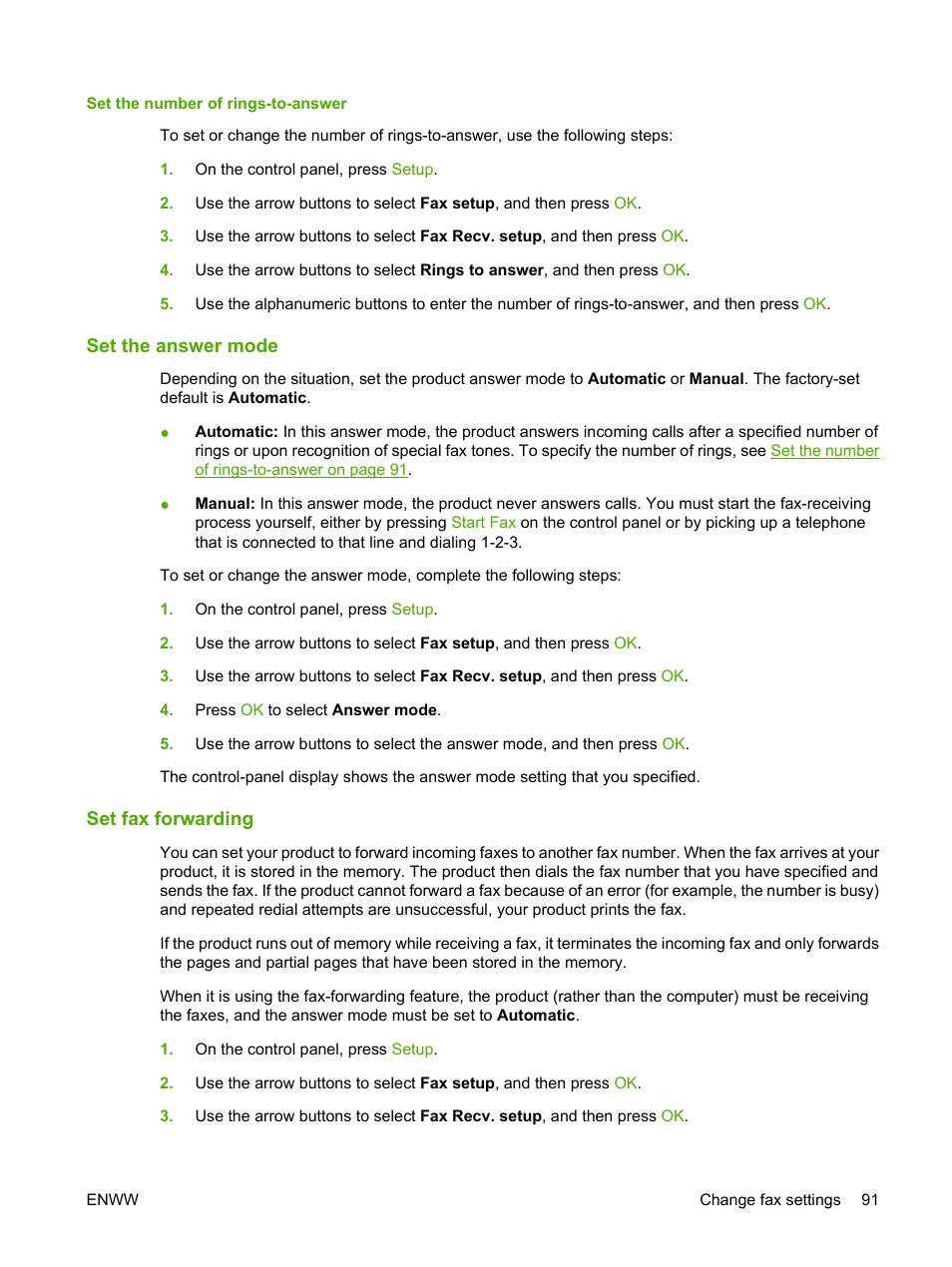 Set the number of rings-to-answer, Set the answer mode, Set fax forwarding | HP LaserJet M1319f Multifunction Printer User Manual | Page 101 / 212