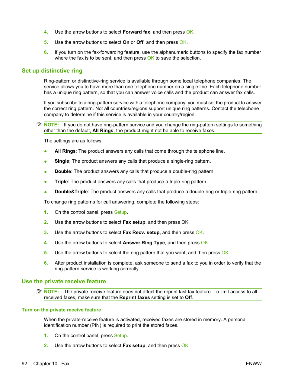 Set up distinctive ring, Use the private receive feature | HP LaserJet M1319f Multifunction Printer User Manual | Page 102 / 212