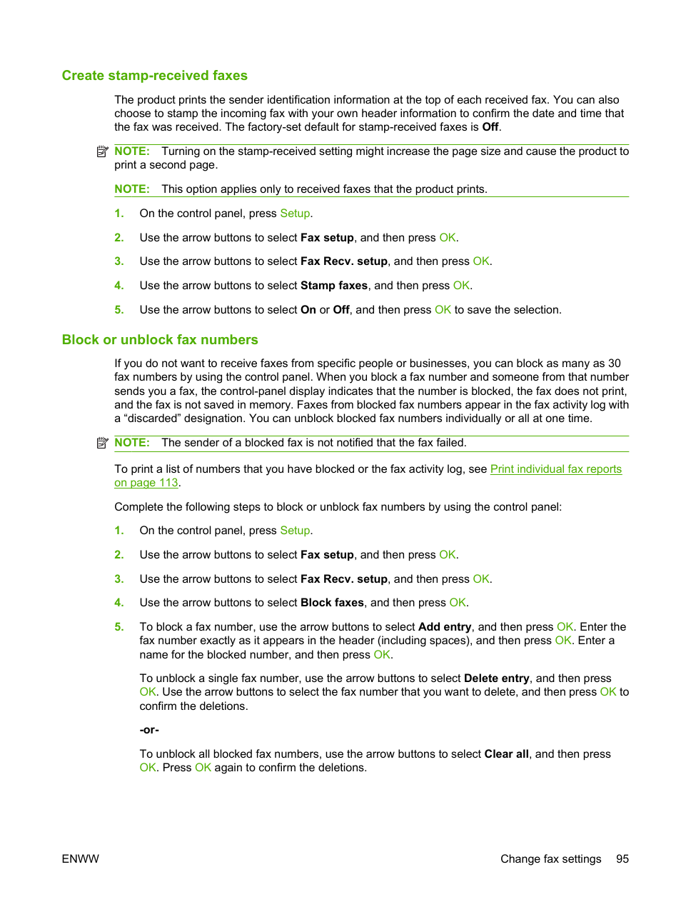 Create stamp-received faxes, Block or unblock fax numbers | HP LaserJet M1319f Multifunction Printer User Manual | Page 105 / 212