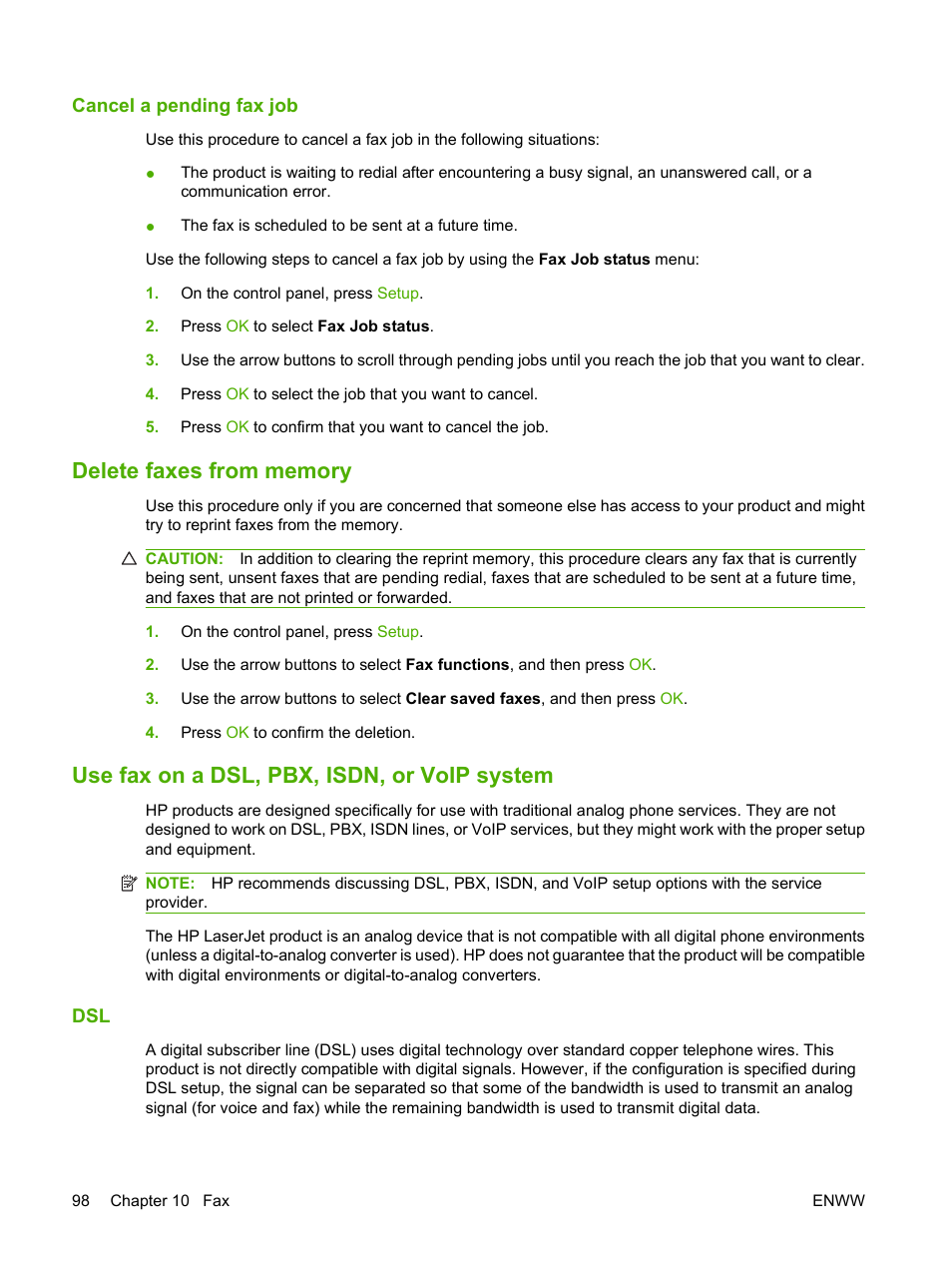 Cancel a pending fax job, Delete faxes from memory, Use fax on a dsl, pbx, isdn, or voip system | HP LaserJet M1319f Multifunction Printer User Manual | Page 108 / 212