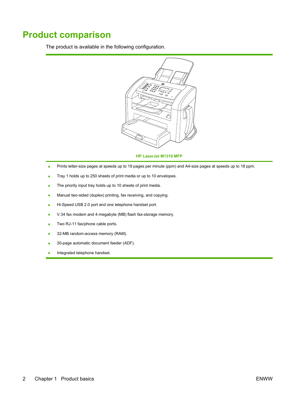 Product comparison | HP LaserJet M1319f Multifunction Printer User Manual | Page 12 / 212