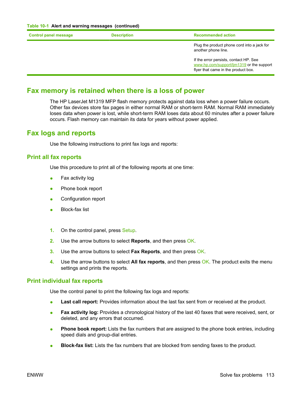 Fax logs and reports, Print all fax reports, Print individual fax reports | HP LaserJet M1319f Multifunction Printer User Manual | Page 123 / 212