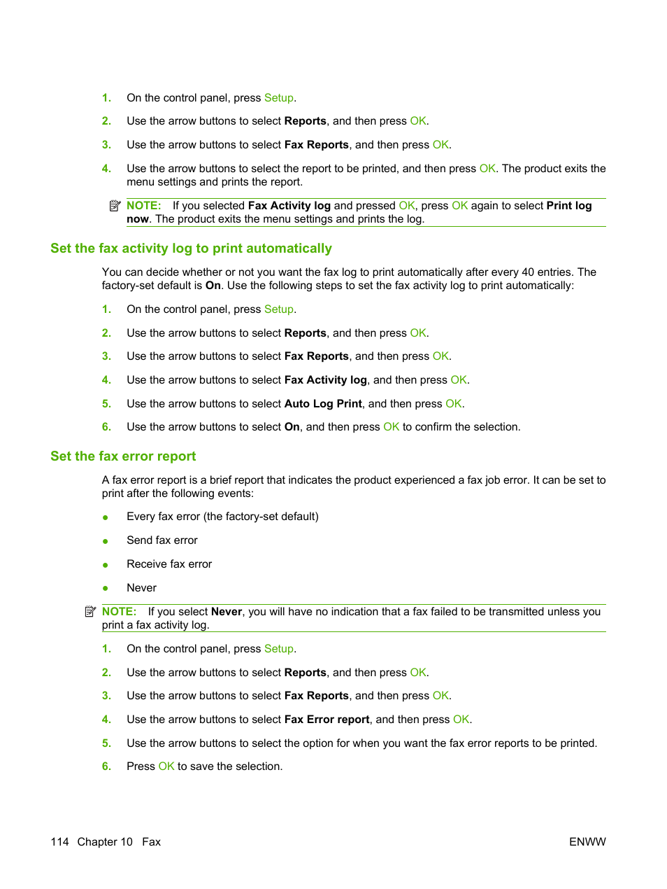 Set the fax activity log to print automatically, Set the fax error report | HP LaserJet M1319f Multifunction Printer User Manual | Page 124 / 212