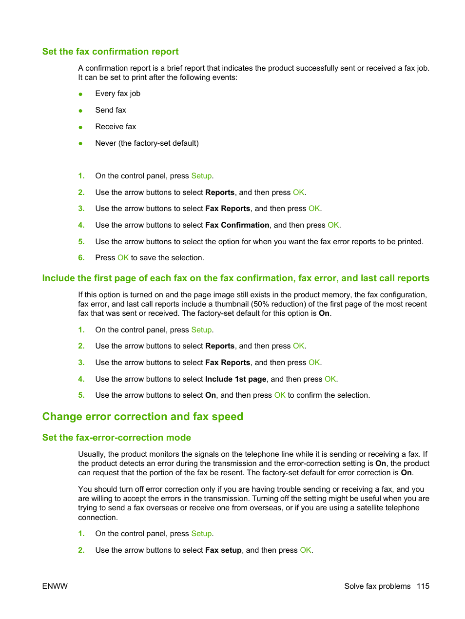 Set the fax confirmation report, Change error correction and fax speed, Set the fax-error-correction mode | Set the | HP LaserJet M1319f Multifunction Printer User Manual | Page 125 / 212