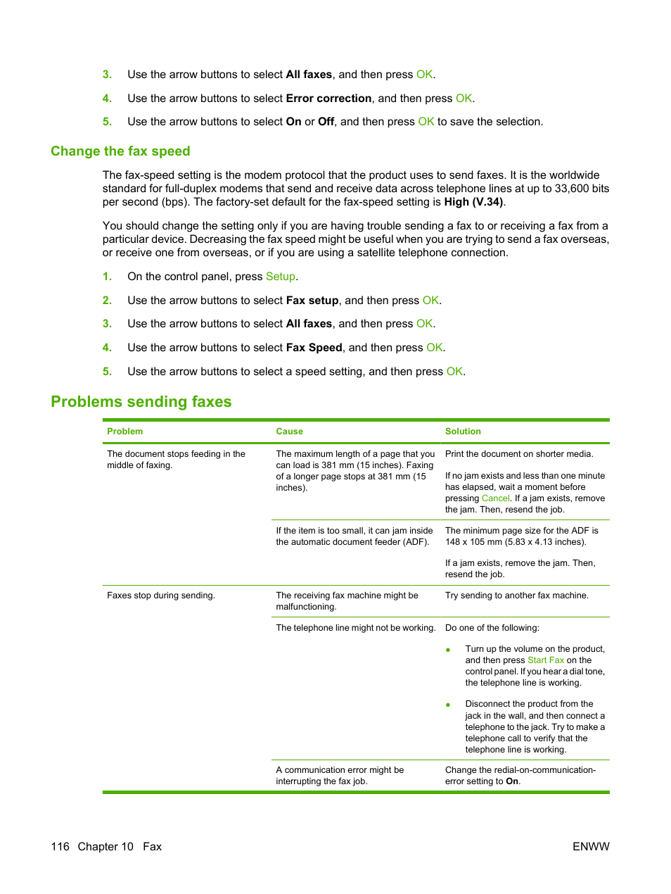 Change the fax speed, Problems sending faxes, Change the fax | HP LaserJet M1319f Multifunction Printer User Manual | Page 126 / 212