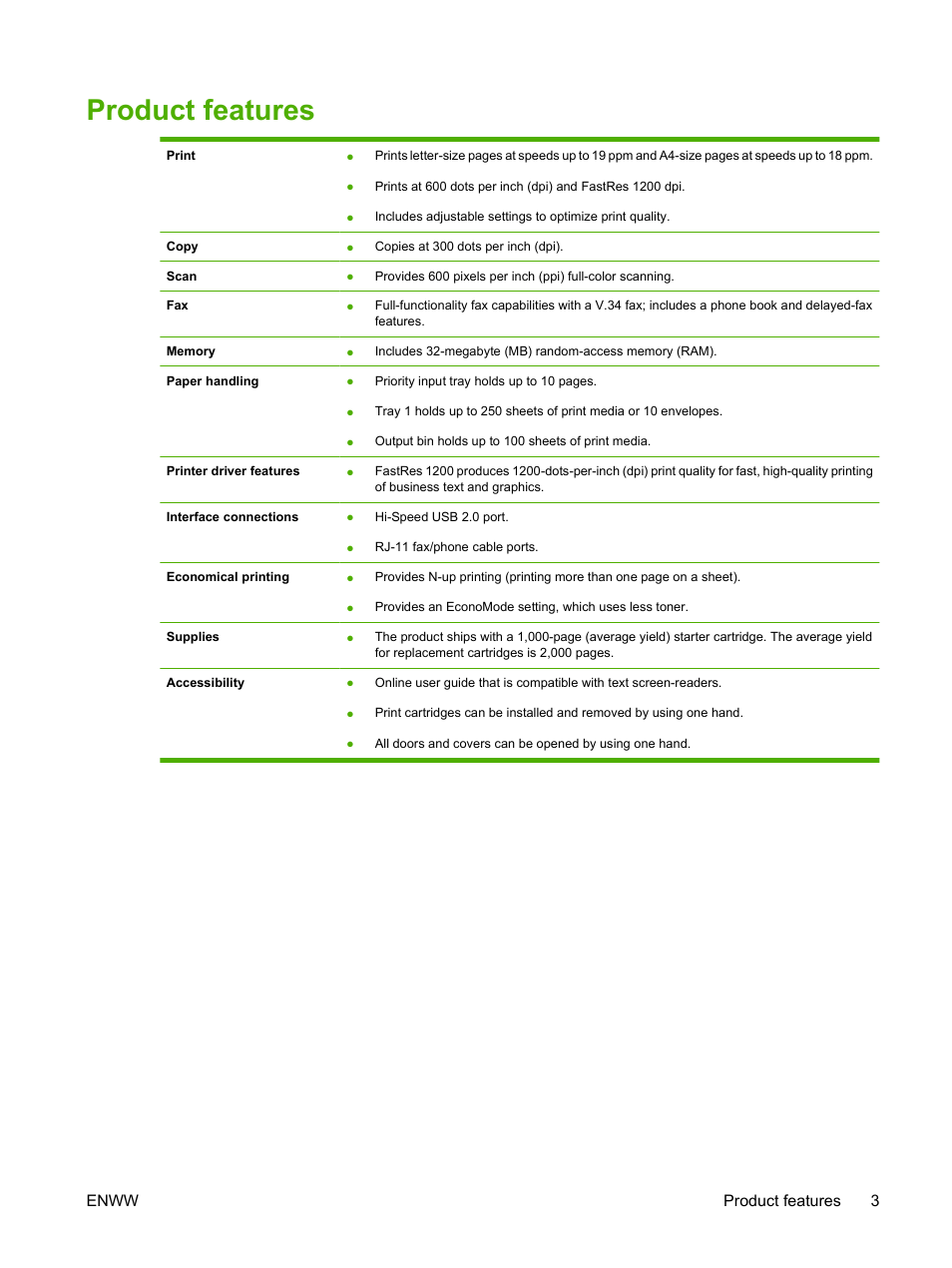 Product features, Enww product features 3 | HP LaserJet M1319f Multifunction Printer User Manual | Page 13 / 212