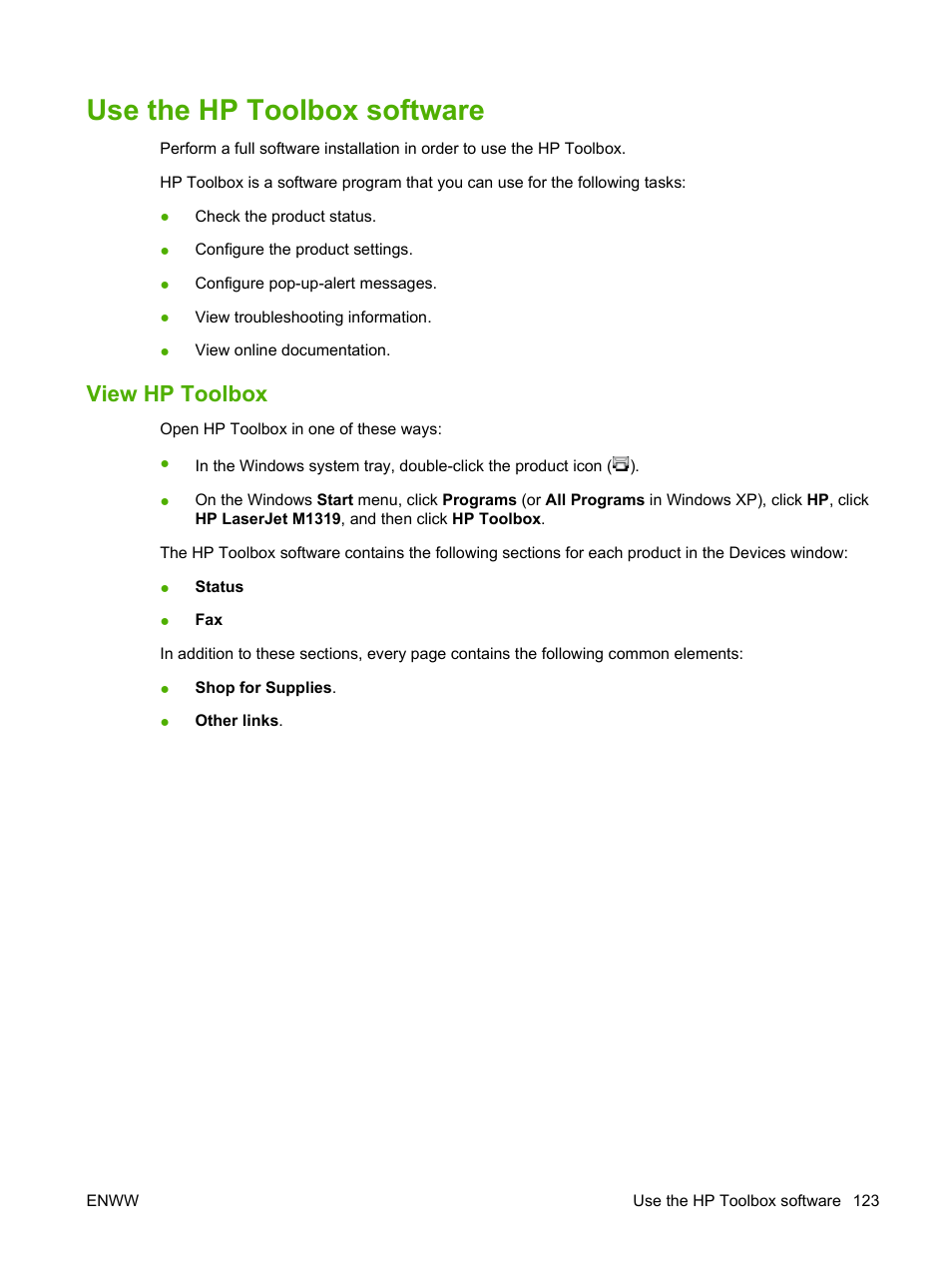 Use the hp toolbox software, View hp toolbox | HP LaserJet M1319f Multifunction Printer User Manual | Page 133 / 212