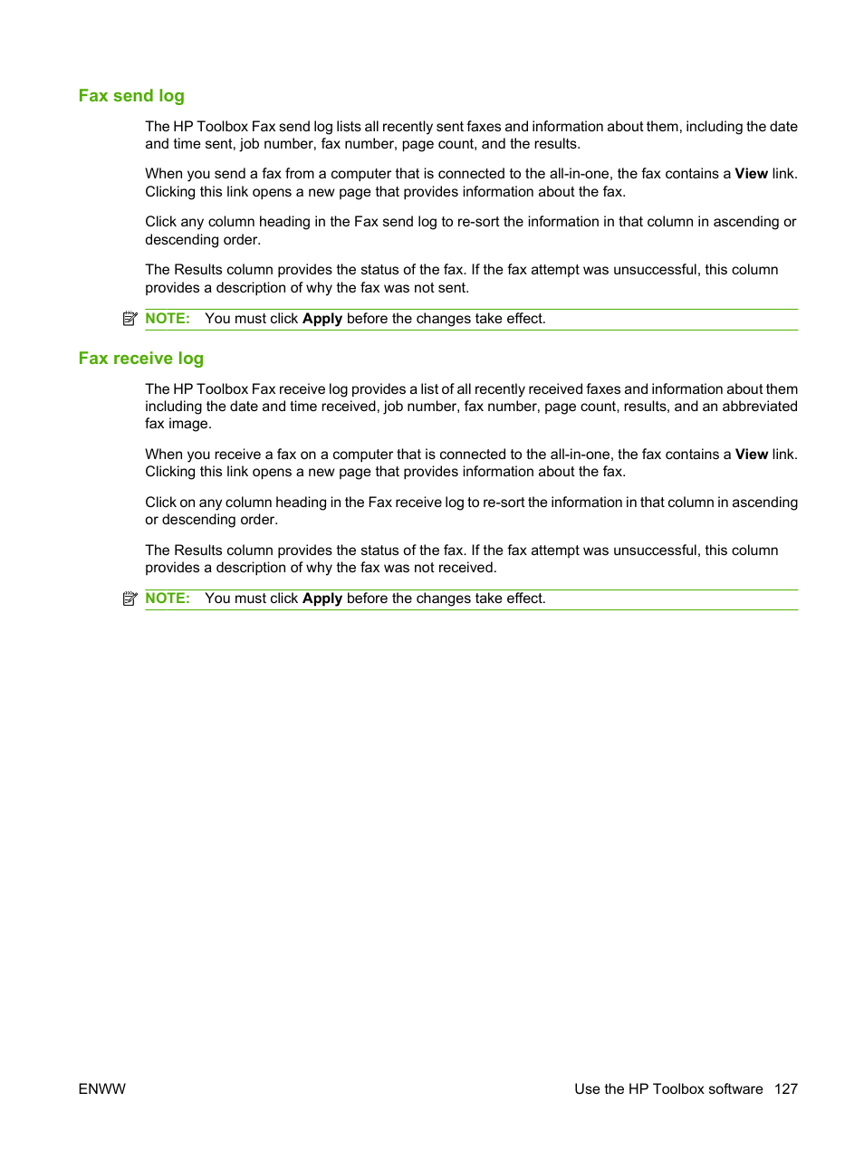 Fax send log, Fax receive log | HP LaserJet M1319f Multifunction Printer User Manual | Page 137 / 212