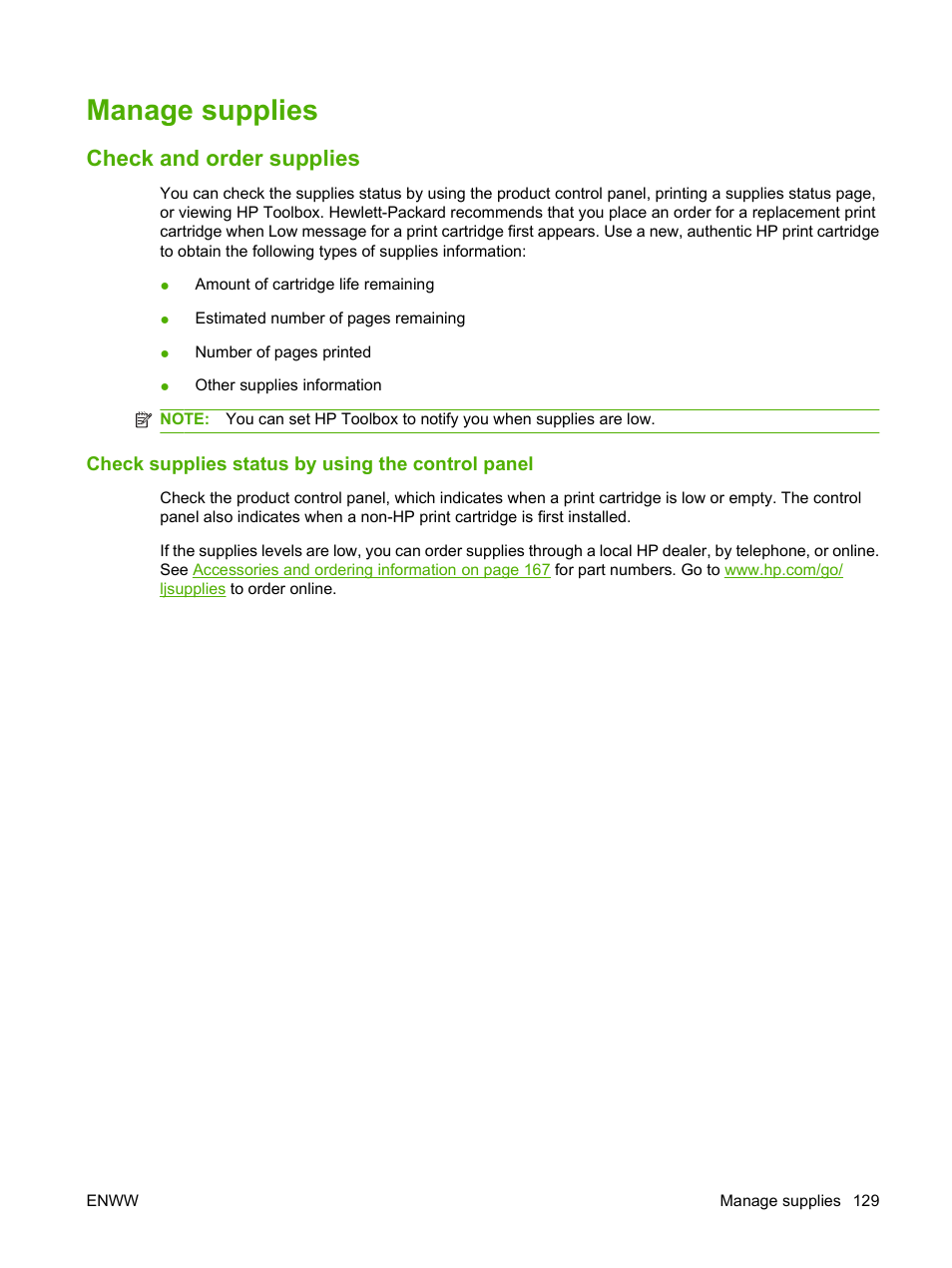 Manage supplies, Check and order supplies, Check supplies status by using the control panel | HP LaserJet M1319f Multifunction Printer User Manual | Page 139 / 212