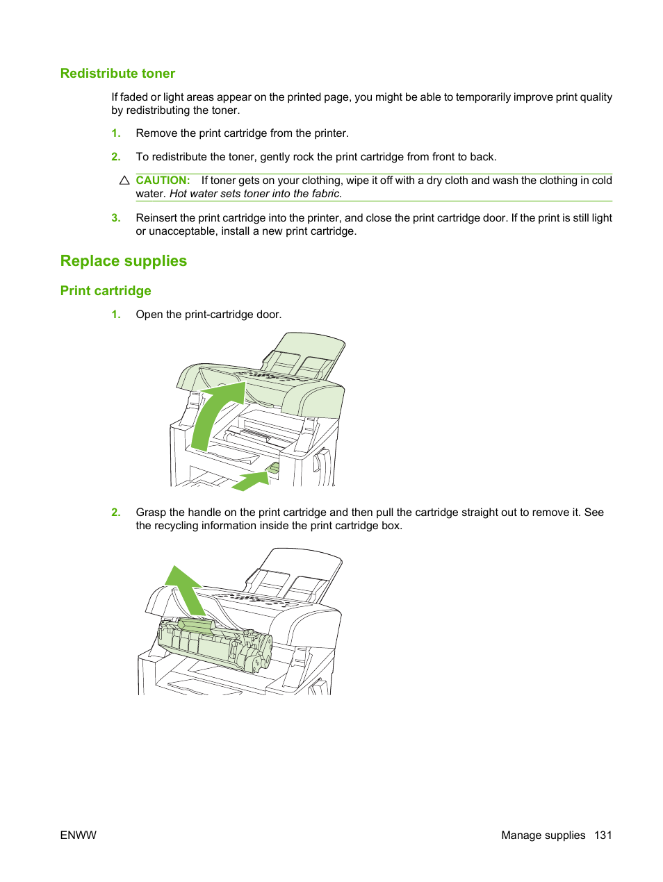 Redistribute toner, Replace supplies, Print cartridge | HP LaserJet M1319f Multifunction Printer User Manual | Page 141 / 212