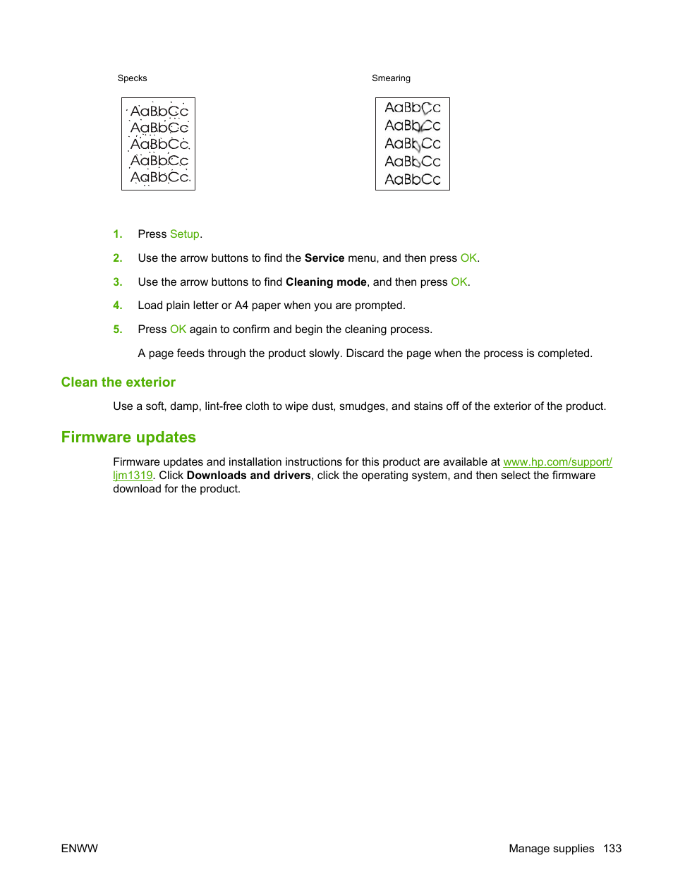 Clean the exterior, Firmware updates | HP LaserJet M1319f Multifunction Printer User Manual | Page 143 / 212