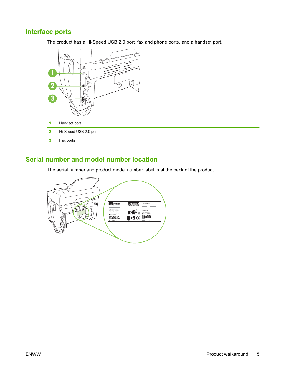 Interface ports, Serial number and model number location | HP LaserJet M1319f Multifunction Printer User Manual | Page 15 / 212