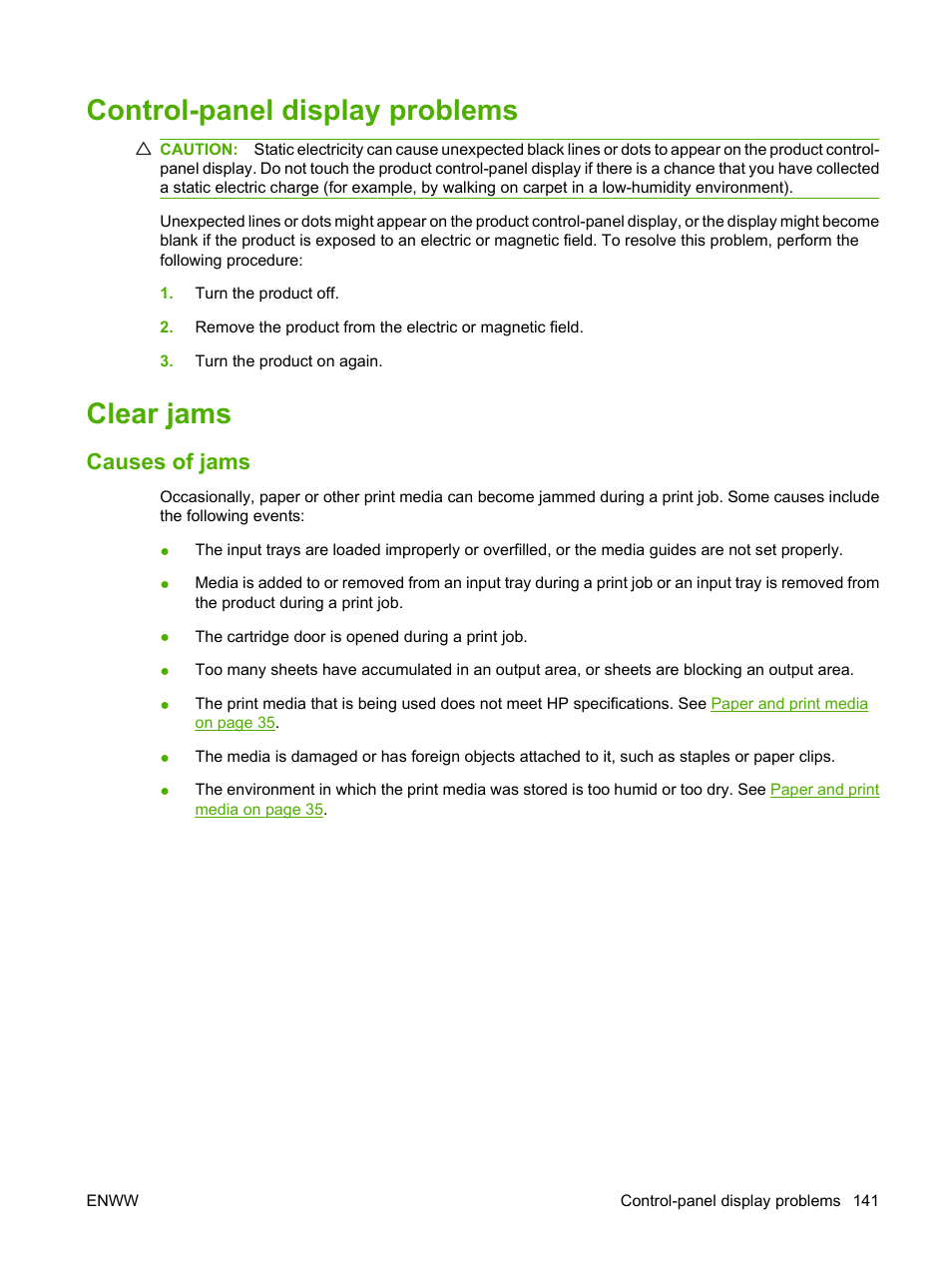 Control-panel display problems, Clear jams, Causes of jams | Control-panel display problems clear jams | HP LaserJet M1319f Multifunction Printer User Manual | Page 151 / 212