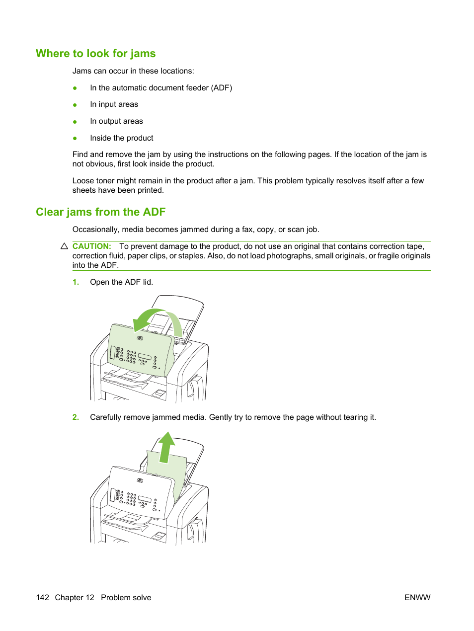 Where to look for jams, Clear jams from the adf, Where to look for jams clear jams from the adf | HP LaserJet M1319f Multifunction Printer User Manual | Page 152 / 212