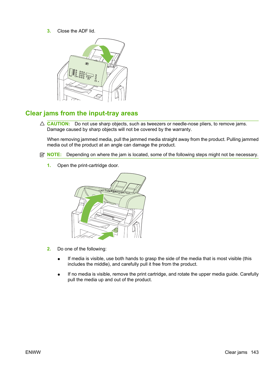 Clear jams from the input-tray areas | HP LaserJet M1319f Multifunction Printer User Manual | Page 153 / 212