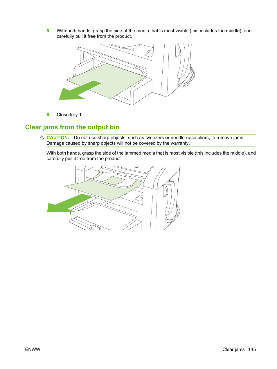 Clear jams from the output bin | HP LaserJet M1319f Multifunction Printer User Manual | Page 155 / 212