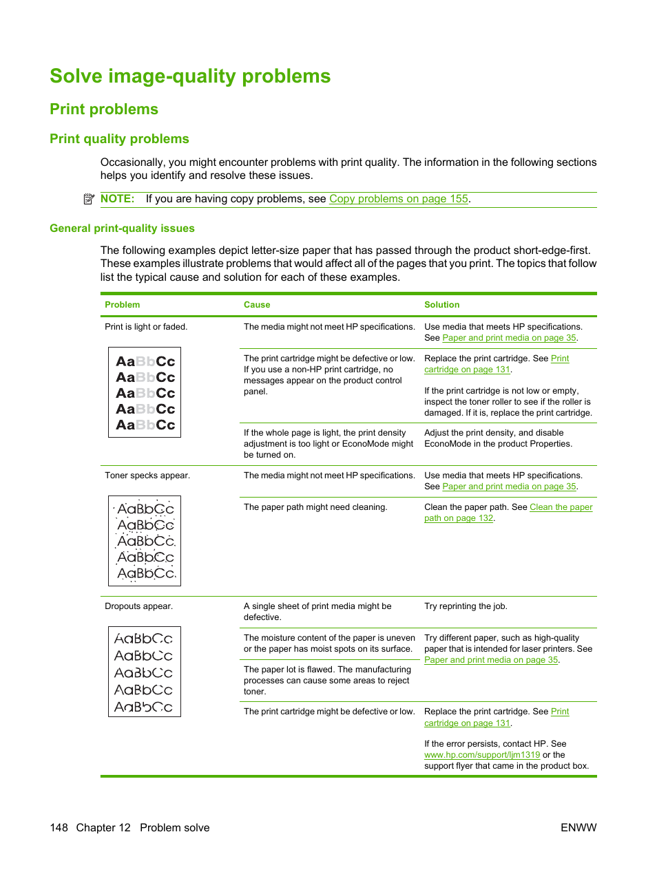 Solve image-quality problems, Print problems, Print quality problems | General print-quality issues | HP LaserJet M1319f Multifunction Printer User Manual | Page 158 / 212