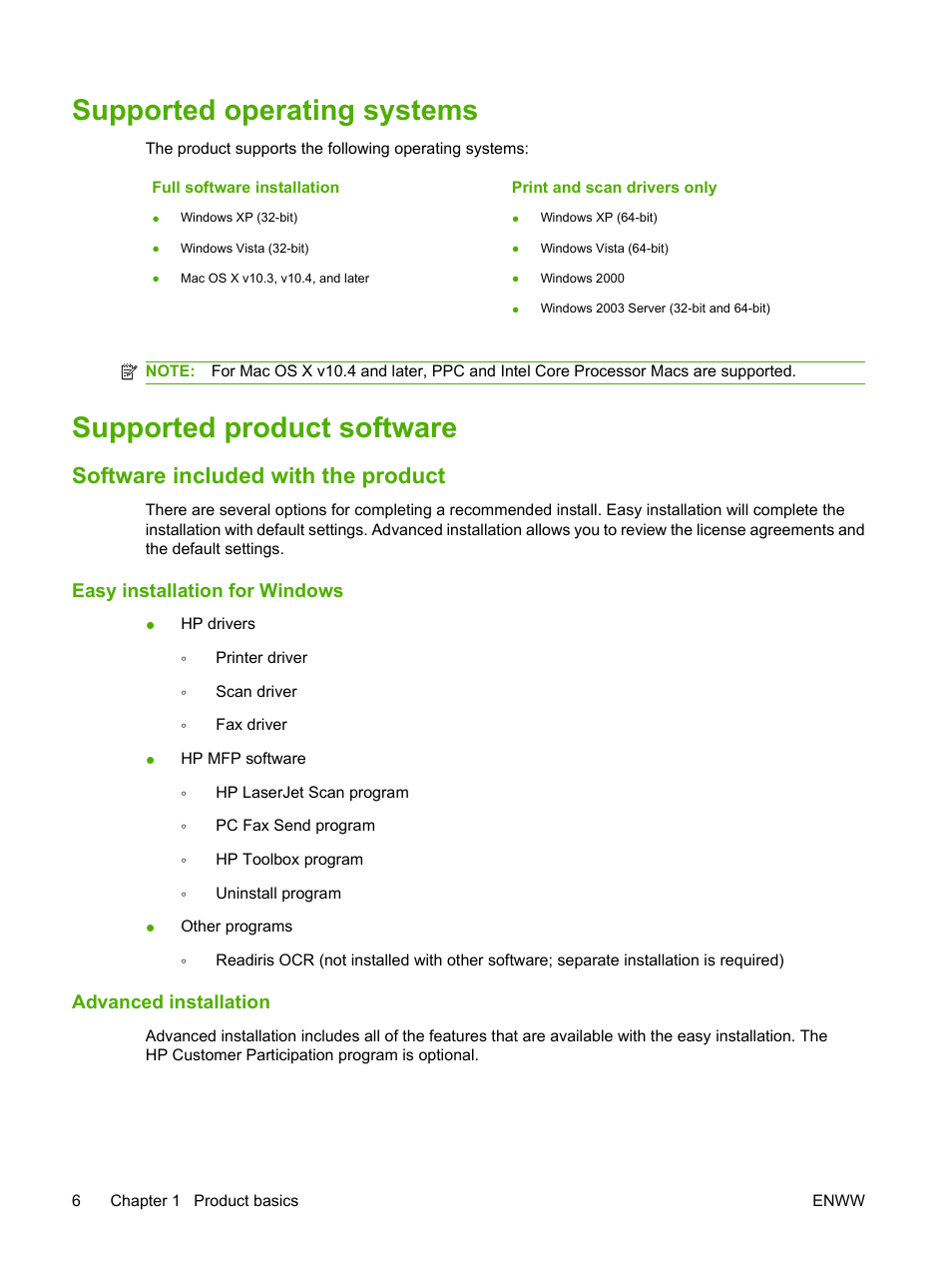 Supported operating systems, Supported product software, Software included with the product | Easy installation for windows, Advanced installation | HP LaserJet M1319f Multifunction Printer User Manual | Page 16 / 212