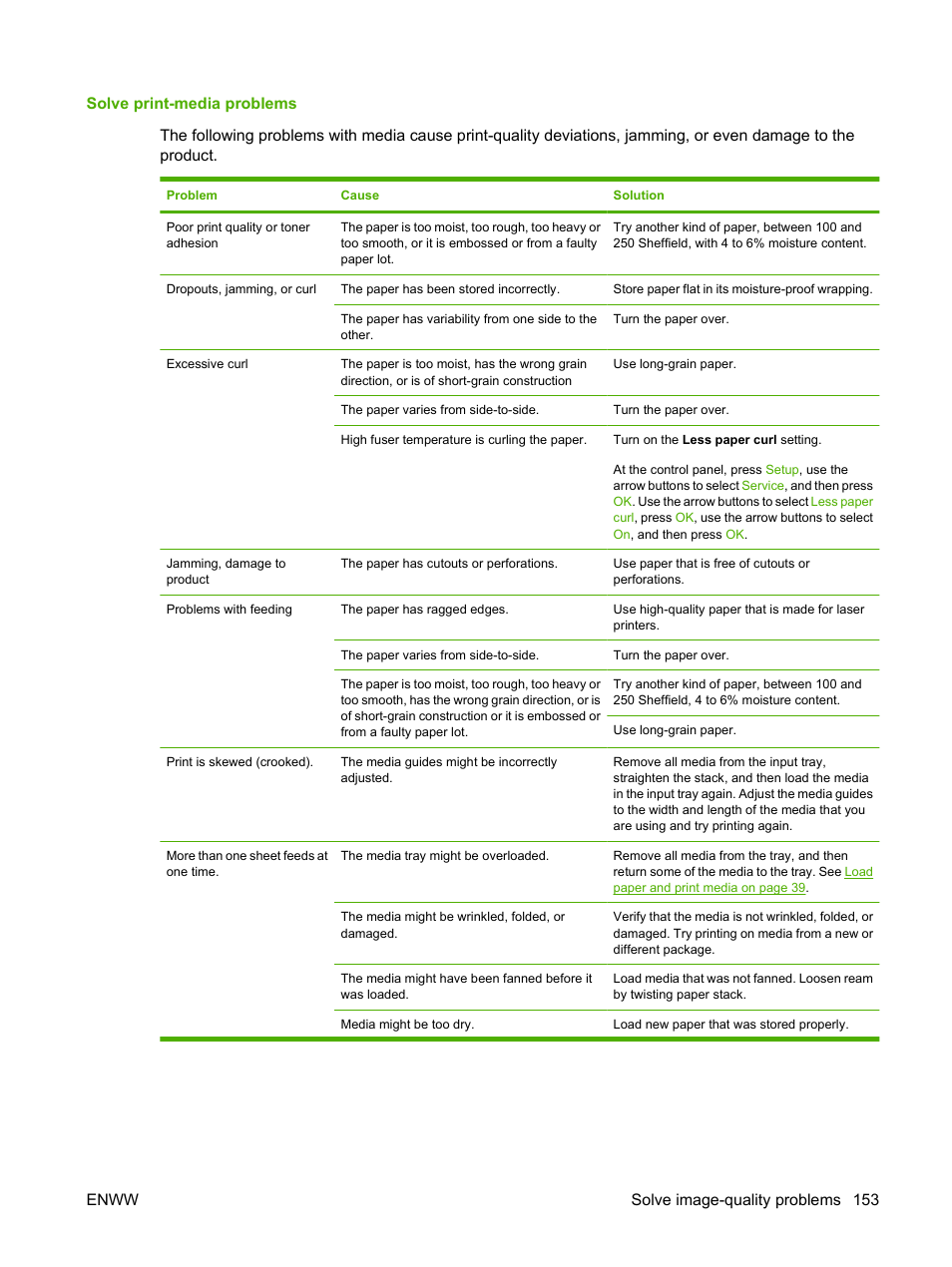 Solve print-media problems, Enww solve image-quality problems 153 | HP LaserJet M1319f Multifunction Printer User Manual | Page 163 / 212