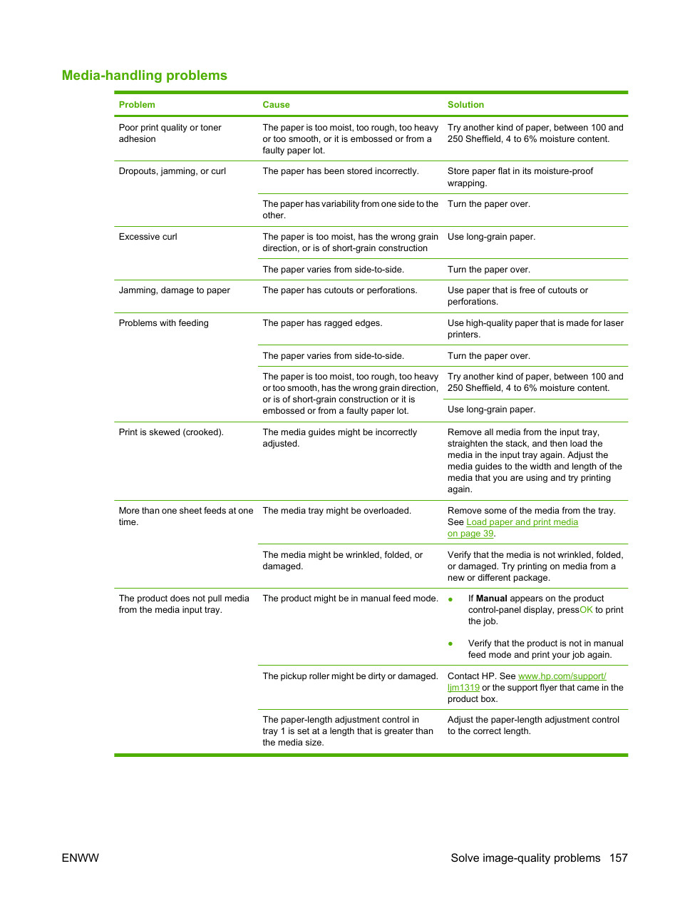 Media-handling problems, Enww solve image-quality problems 157 | HP LaserJet M1319f Multifunction Printer User Manual | Page 167 / 212