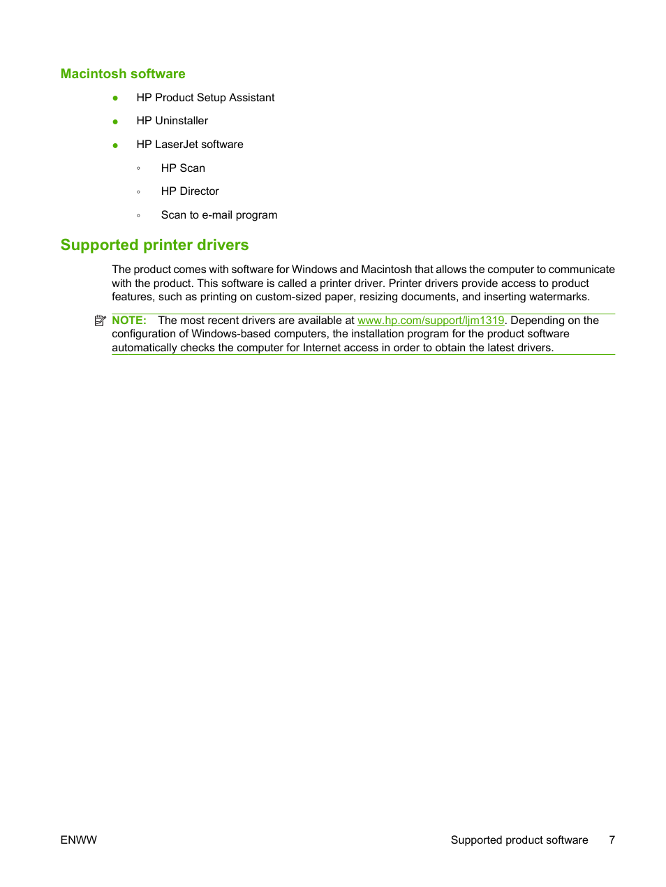 Macintosh software, Supported printer drivers | HP LaserJet M1319f Multifunction Printer User Manual | Page 17 / 212