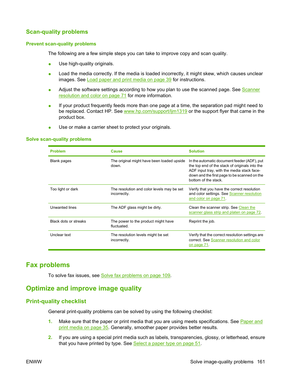 Scan-quality problems, Prevent scan-quality problems, Solve scan-quality problems | Fax problems, Optimize and improve image quality, Print-quality checklist, Fax problems optimize and improve image quality | HP LaserJet M1319f Multifunction Printer User Manual | Page 171 / 212