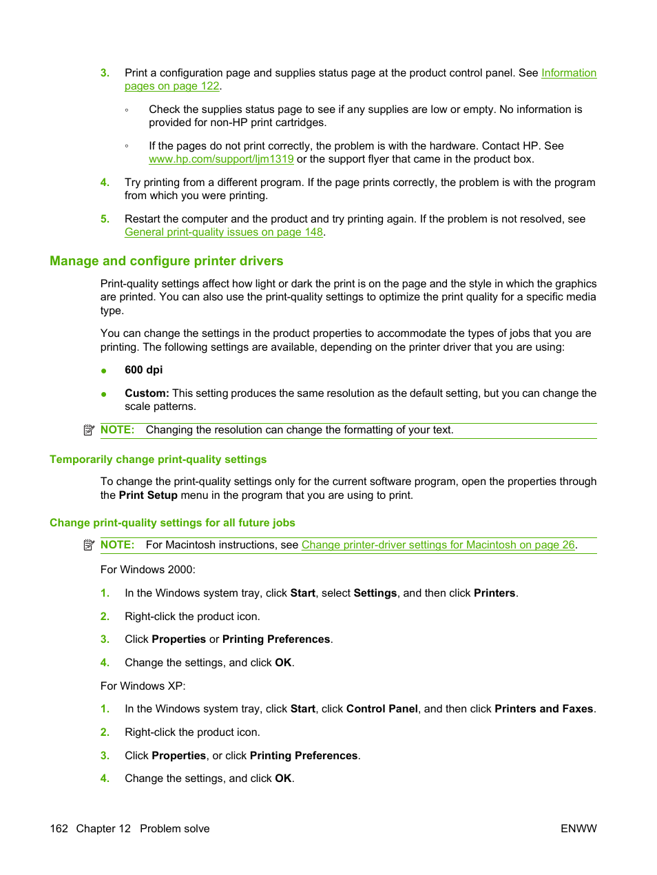 Manage and configure printer drivers, Temporarily change print-quality settings, Change print-quality settings for all future jobs | HP LaserJet M1319f Multifunction Printer User Manual | Page 172 / 212