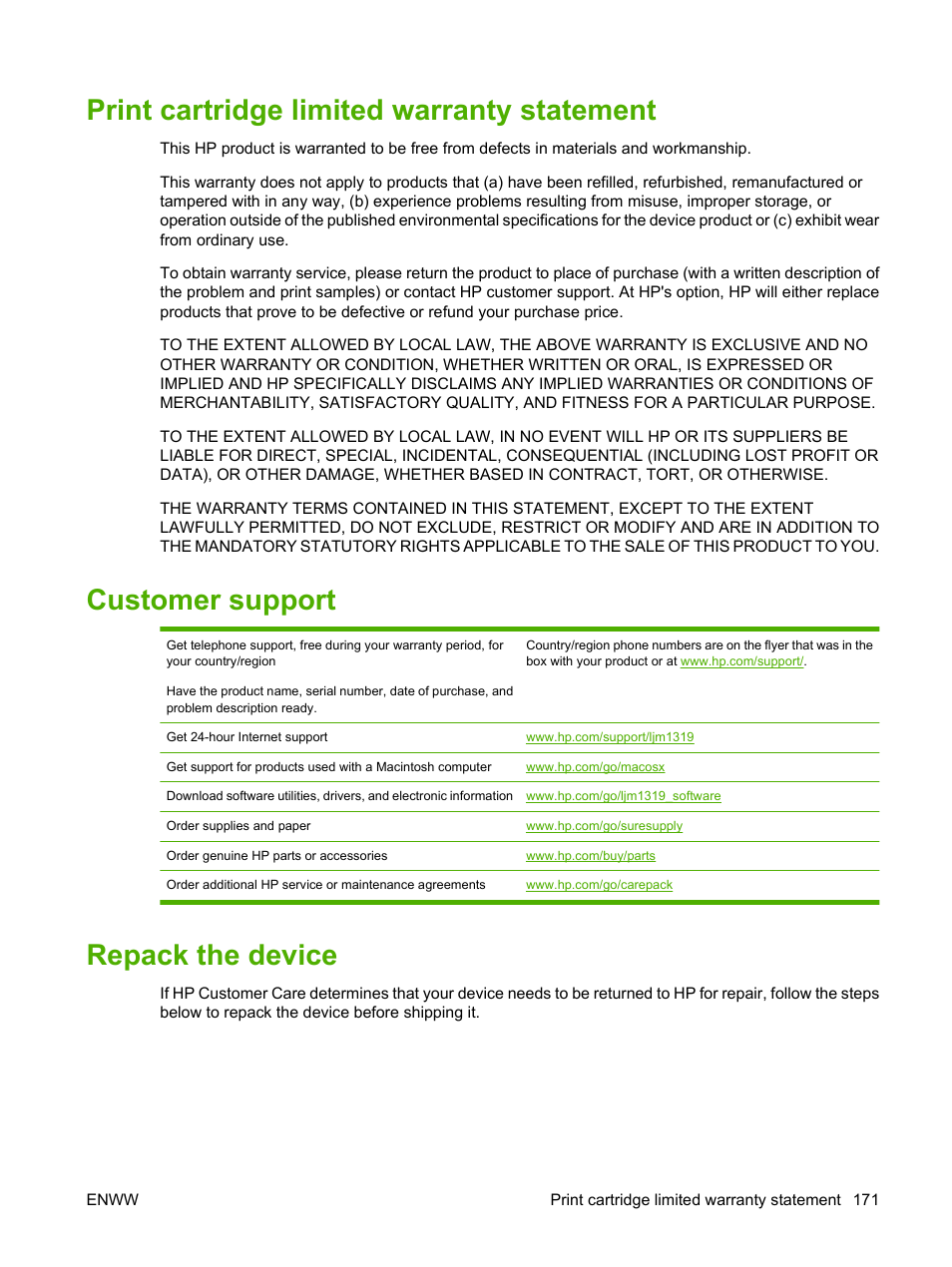 Print cartridge limited warranty statement, Customer support, Repack the device | HP LaserJet M1319f Multifunction Printer User Manual | Page 181 / 212